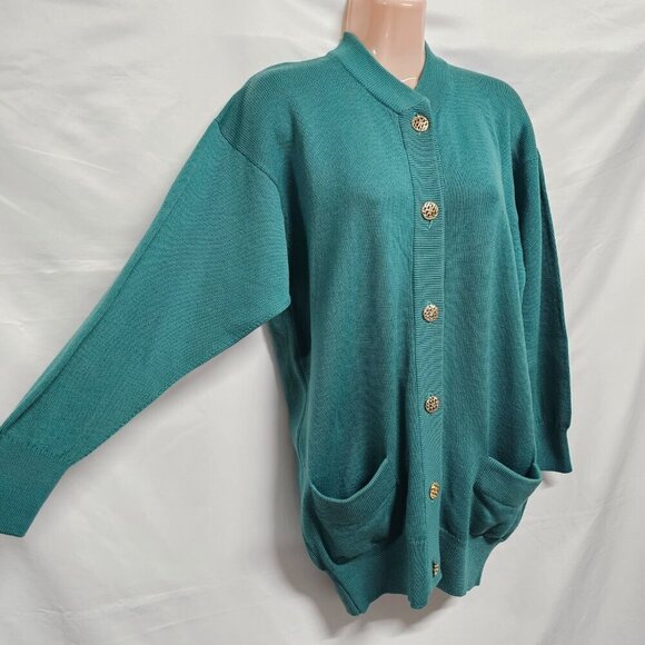 l. Magnin by Ballantyne Button Up Cardigan Sweater Women Size M Green Pure Wool - Picture 5 of 14